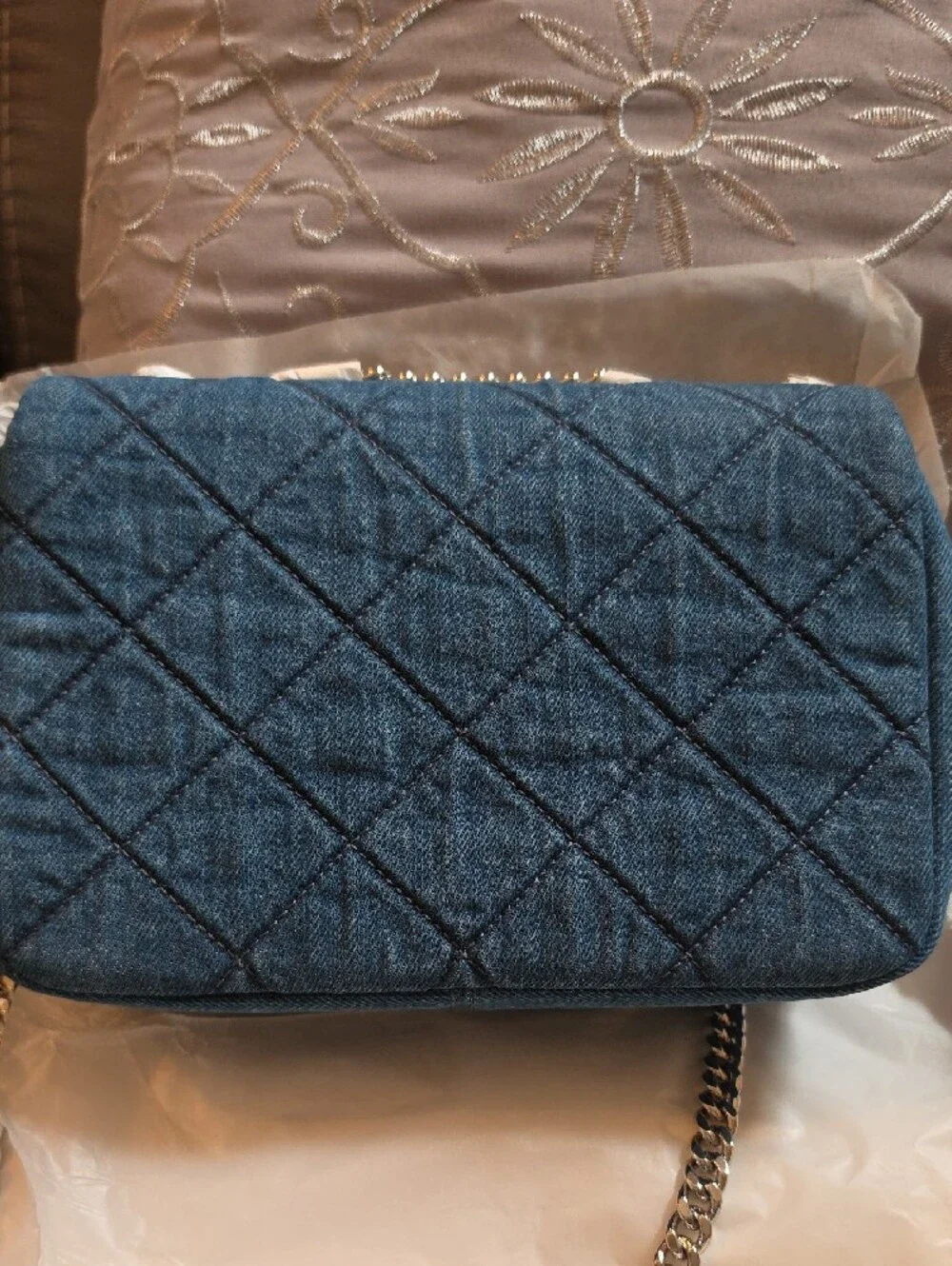 Tory Burch Quilted Denim Shoulder Bag with Gold Chain